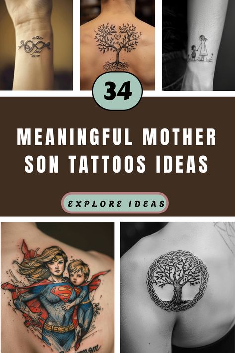 Collage of mother and son tattoo ideas, including tree and superhero designs. Mother And Son Tattoo Design, Mom And Son Tattoo Ideas Simple Matching, Tattoos For Your Son Ideas Mom, Tattoo Ideas Son, Mother Son Tattoos Matching, Tattoos For Sons, Tattoos For Your Son, Tattoo Ideas For Kids, Protector Tattoo