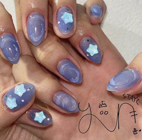 Nailcolon_dana on insta Nwjns Nails, Blue Japanese Nails, Acnh Nails, Jelly Star Nails, K Pop Inspired Nails, Neat Nails, Asian Nail Art Korean, Cool Design Nails, Bubble Nails Designs