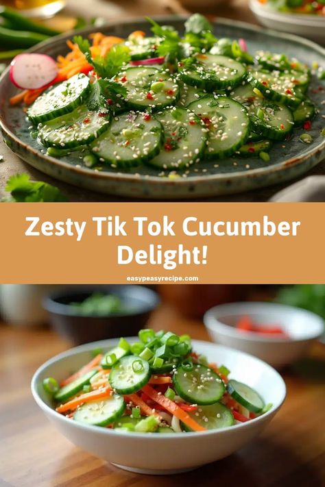 A vibrant Korean cucumber salad garnished with sesame seeds, green onions, and carrots on a plate and bowl. Korean Cucumber Salad, Korean Cucumber, Cucumber Salad Recipe, Beginner Recipes, Colorful Dishes, Spicy Korean, Cucumber Recipes Salad, Cooking For Beginners, Easy Lunch Recipes