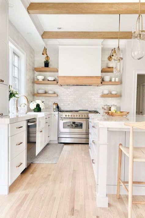 modern white kitchen with open shelving - pinteresting plans blog kitchen remodel White And Wood Kitchen, Brown Kitchen Designs, Kitchen With Open Shelving, Modern Rustic Kitchen, White Kitchen Lighting, Rustic Meets Modern, Tahoe House, Mod House, Modern White Kitchen