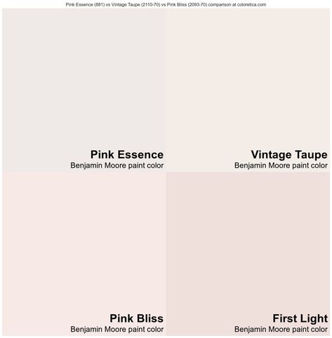 Benjamin Moore Pink Essence vs Vintage Taupe vs Pink Bliss vs First Light color combination Pink Bliss Benjamin Moore Wall Colors, Light Neutral Pink Paint Colors, Benjamin Moore Neutral Pink, Pink Essence Benjamin Moore, Beige With Pink Undertones Paint, Pink Taupe Paint Colors, Benjamin Moore Light Pink, Pink Bliss Benjamin Moore, First Light Benjamin Moore