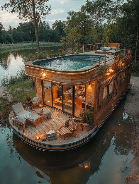 Pool On The Roof, Houseboat Interiors, Boat Homes, Small Houseboats, Boathouse Design, Houseboat Living, House Boats, Dream Life House, Boat House