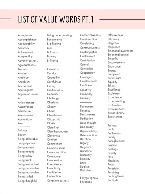 Check out these List og value words! Over 300 Words. #Printables Big Five Personality Traits, Values List, Emotional Awareness, Journals Notebooks, Personality Traits, Sleeve Tattoos, Denmark, Writing, Human