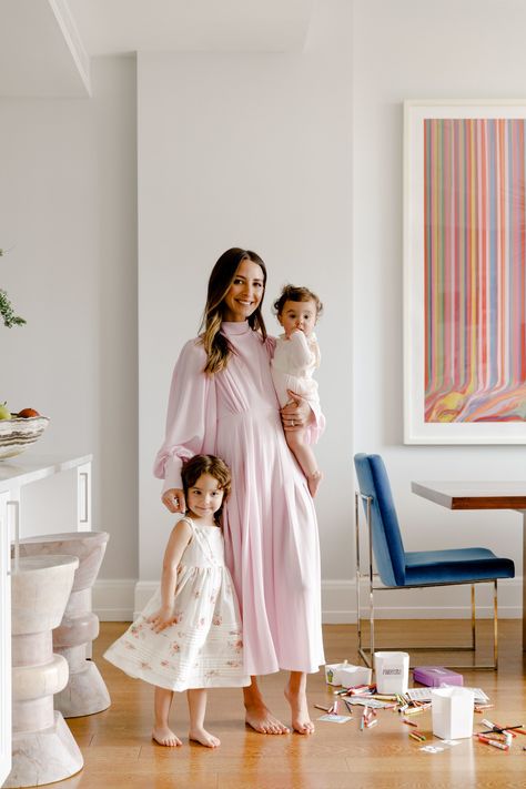 Arielle Charnas and children with 1187 Milo Baughman Design Classic dining chair from Thayer Coggin | Architectural Digest Arielle Charnas, Blue Dining Chair, Angel Hair Pasta, Something Navy, Style Guru, Emilia Wickstead, Globe Pendant Light, Printed Carpet, Shoes Too Big