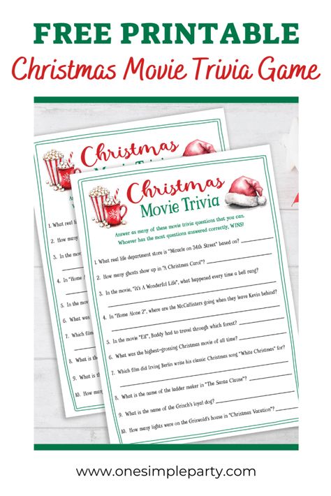 Looking for a fun Christmas party game for your next holiday movie night? Check out this Free Printable Christmas Movie Trivia Game. Set with creative Christmas movie trivia, it's sure to get guests discussing who really knows the most about Christmas movies. #christmasmovietrivia #christmaspartygame #freeprintable Trivia Answer Sheets Free Printable, Christmas Movie Games Free Printable, Christmas Movie Trivia Printable Free, Christmas Trivia Questions And Answers Free Printable Printable, Christmas Trivia Printable Free, Christmas Movie Trivia Printable, Christmas Song Trivia Free Printable, Christmas Movie Trivia With Answers, Free Christmas Games Printables