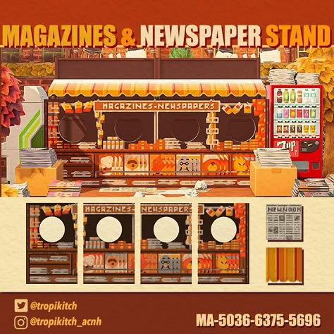 Acnh Fall Road Design Code, Acnh Fake Building Ideas, Citycore Acnh, Acnh Buildings, Acnh Halloween Code, City Core, Colorful Town, Urban Island, Newspaper Stand