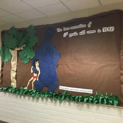 Jungle Book Bulletin Board Jungle Book Bulletin Board, Jungle Book Classroom Theme, Disney Hallway, Kindergarten Decor, Jungle Book Movie, Class Door Decorations, Book Bulletin Board, Music Bulletin Board, March Reading