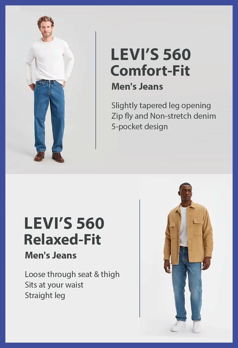 Levi's 560 vs 550 - Which jeans should you buy? This comparison article is about the Levi's 550 and Levi's 560 Men Jeans Loose, Levis 560, Levis 550 Jeans, Sneaker Lovers, Levis 550, Loose Fit Jeans, Perfect Jeans, Best Jeans, Low Rise Jeans