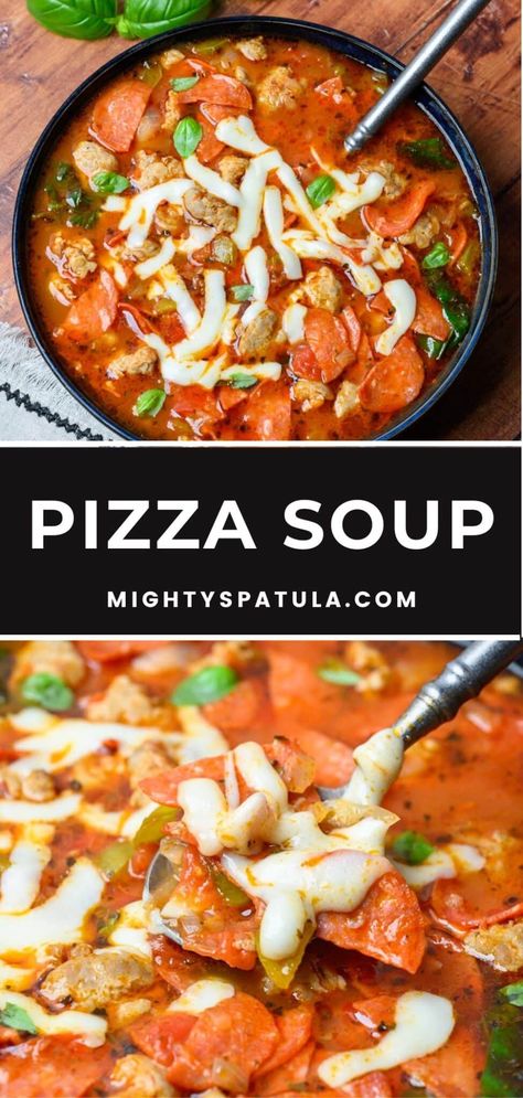 Pizza Soup Recipe – Mighty Spatula Zero Point Soup Recipes, Pizza Soup Recipe Crock Pots, Knophela Soup Recipes, 5 Star Soup Recipes, Pizza Soup Crockpot, Zero Point Soup, Pizza Soup Recipe, Italian Soups, Chicken And Sweetcorn Soup