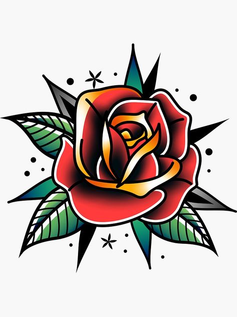 American Traditional Rose Tattoo Design, Traditional Rose Tattoo Design, Old School Tattoo Rose, Old School Flower Tattoo, Trad Rose, Old School Rose Tattoo, Rose Traditional Tattoo, Stallion Tattoo, American Traditional Rose