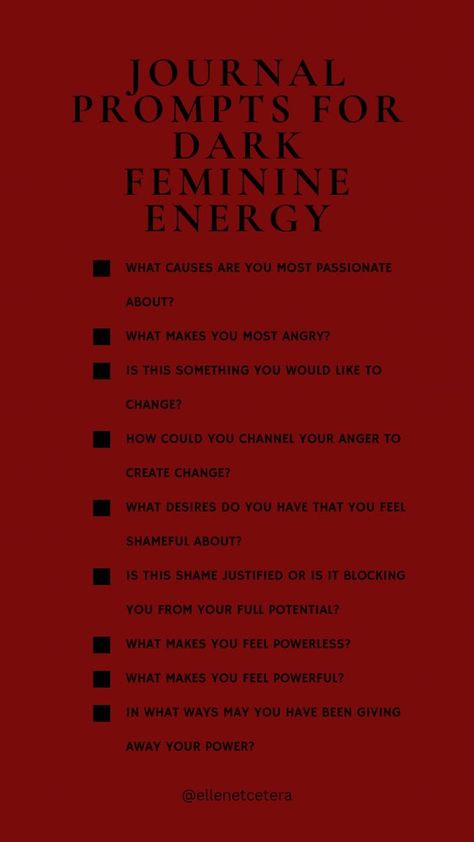 Journal Feminine Energy, Journal Prompts For Dark Feminine, Dark Feminine Self Care, Becoming Dark Feminine, Dark Feminine Journal Ideas, Journal Prompts To Connect With Yourself, Dark Feminine Checklist, Dark Feminine Questions, How To Dark Feminine Energy