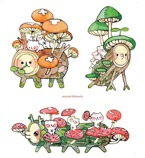 maru on Instagram: "log bois" Plant Store, Cute Animal Drawings Kawaii, Mushroom Art, Game Character Design, Illustration Character Design, Watercolor And Ink, Fantasy Creatures, Art Store, Artist Inspiration