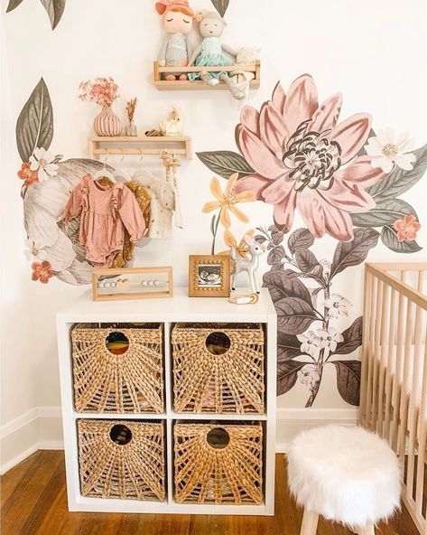 Give us those boho florals ALL DAY! These pretties come in a half or full size and make the sweetest addition to those nursery walls.  📸: @colleen.cabrey Unique Nursery Themes, Vintage Floral Nursery, Boho Floral Nursery, Boho Baby Girl Nursery, Boho Baby Nursery, Unique Nursery, Girl Nursery Room, Baby Room Inspiration, Nursery Room Inspiration