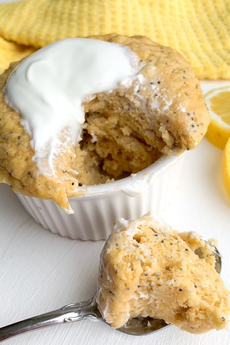 The easiest single serve lemon poppy seed minute mug cake that is dairy free, low in sugar and made in the microwave. The best refreshing, healthy dessert! #lemoncake #lemonpoppyseed #mugcake #microwaverecipes #healthydesserts #singleserve Single Serve Lemon Dessert, Easy Lemon Poppy Seed Cake, Gluten Free Lemon Desserts, 1 Minute Mug Cakes, Baking With Protein Powder, Single Serve Cake, Whipped Yogurt, Protein Mug Cakes, Microwave Cake