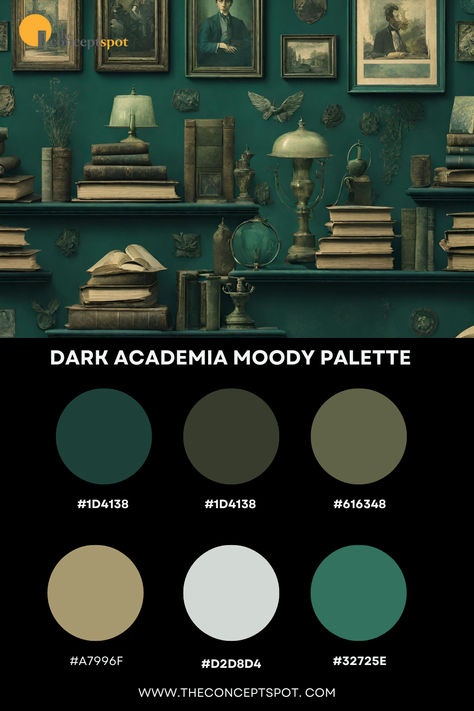 Green hued shelves filled with book stacks, lamps and picture frames all giving a dark academia vibe. Colour Palette Dark Academia, Dark Emerald Color Palette, Dark Academia Green Paint, Dark Academia Goodnotes, Green Academia Color Palette, Academic Color Palette, Dark Academia Green Aesthetic, Dark Academia Aesthetic Color Palette, Dark Academia Colour Palette