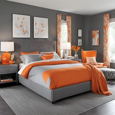 Gray And Orange Bedroom, Orange And Grey Bedroom, Orange Bedroom Ideas, Blue And Gold Bedroom, Orange Bedroom Decor, Bedroom Glam, Grey Bathrooms Designs, Velvet Bedroom, Grey Walls Living Room