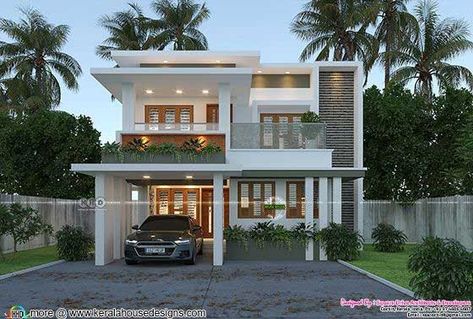 1519 square feet 3 bedroom flat roof style contemporary house front view by Square Drive Living Spaces, Cochin, Kerala. Flat House Design, Flat Roof House Designs, Indian House Exterior Design, Loft House Design, Bungalow Style House, Flat Roof House, House With Balcony, 2 Storey House Design, 3 Bedroom Flat