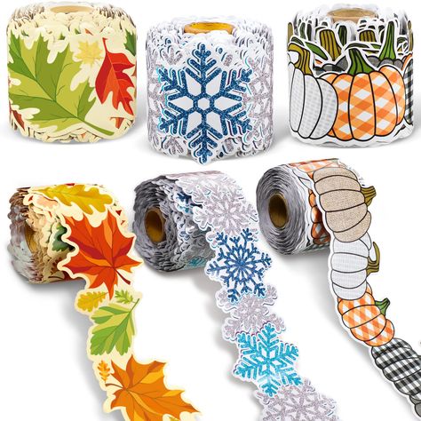 PRICES MAY VARY. Rolls Bulletin Board Border Set: you will get 1 roll of winter snowflake rolled border trim, 1 roll of maple leaf rolled border trim, 1 roll of farmhouse pumpkin rolled border trim, each measures 68.9 feet long and 2.99 inches high, using cute border trim to liven up your classroom is an ideal choice; These cute bulletin board border are suitable for decorating wall, classroom boards, doors, desks and more Attractive Design: our bulletin board decorations come in 3 styles, consi Thanksgiving Office Decorations Ideas, Fall Leaves Bulletin Board, Leaves Bulletin Board, Fall Desk, Chalkboard Wall Decor, Cute Bulletin Boards, Classroom Boards, Thanksgiving Classroom, Fall Classroom Decorations