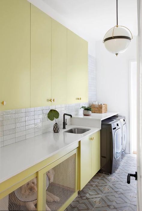 Gray Washer And Dryer, Yellow Laundry Room, Yellow Laundry, Yellow Laundry Rooms, Black Quartz Countertops, Contemporary Laundry Room, Transitional Laundry Room, Laundry Room Paint Color, Grey Laundry Rooms