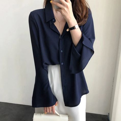 camisas e blusas French Women's Blouse Long Sleeve Solid Color Shirts Office Lady Clothes Elegant White Summer Shirt, Blouse Elegant, Women Chiffon Blouse, Pakaian Feminin, Straight Clothes, Korean Fashion Casual, Autumn Casual, Loose Shirts, Loose Blouse