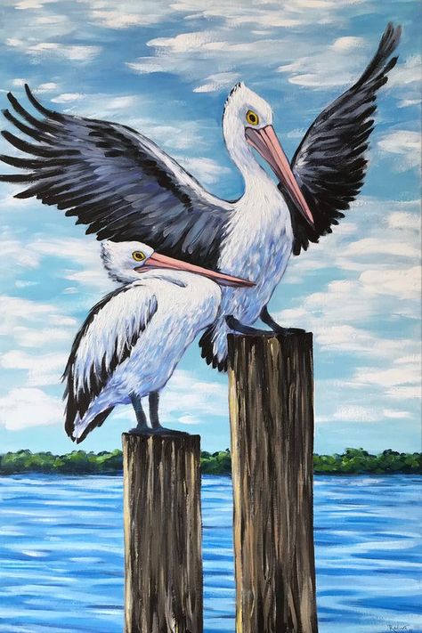 Painting Of Pelicans, Bird Art Acrylic, Pelican Watercolor Paintings, Water Birds Paintings, How To Paint A Pelican, Pelican Pictures, Restaurant Graffiti, Pelican Illustration, Pelican Drawing