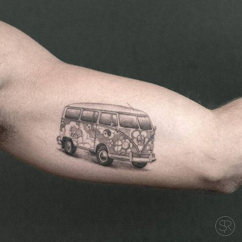 Hippie van for Steven Volkswagen Bus Tattoo, Van Tattoo, Vw Tattoo, Indian Feather Tattoos, Inner Arm Tattoos, Hippie Tattoo, Inner Arm Tattoo, Bug Tattoo, Map Tattoos