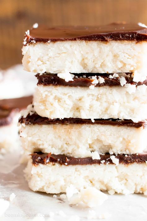 5 Ingredient No Bake Chocolate Coconut Bars (Paleo, Vegan, Gluten Free, Dairy-Free, Refined Sugar-Free) - Beaming Baker Healthy Desserts Coconut, Desserts Coconut, Chocolate Coconut Bars, Beaming Baker, Cocoa Powder Recipes, Low Carb Protein Bars, Coconut Chocolate Bars, Paleo Recipies, Lactose Intolerance