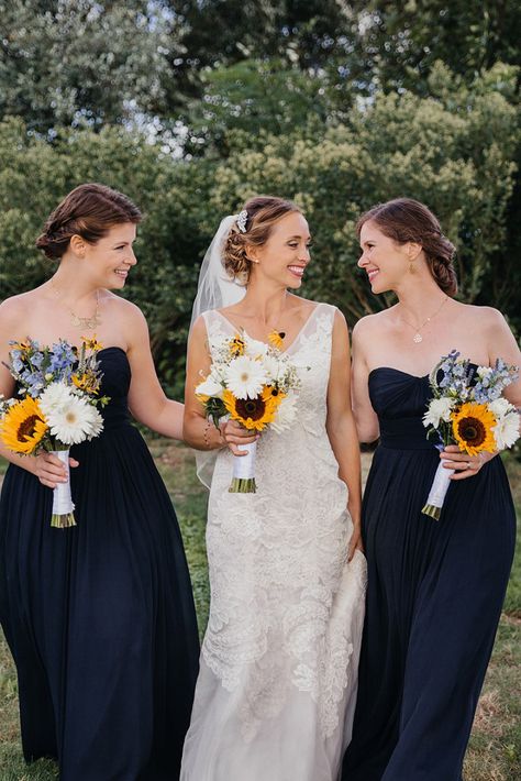 Gypsophila + sunflower themed wedding & navy blue bridesmaids for a backyard wedding Navy Blue And Sunflower Bridesmaid Dresses, Navy Bridesmaid Dress Sunflowers, Marine Blue And Sunflower Wedding, Sunflower Wedding Navy Blue, Navy Blue And Sunflower Wedding Invitations, Wedding Bridesmaid Bouquets, Gypsophila Wedding, Navy Blue Bridesmaids, Fall Wedding Bridesmaids