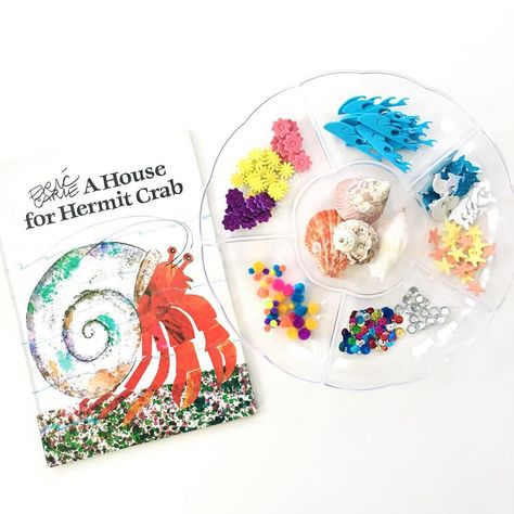 A HOUSE FOR HERMIT CRAB 🦀⭐️🐚 • Our favorite activities are the ones that have a literacy connection, so we’re challenging ourselves to do a… #ahouseforhermitcrab #ericcarle #bookcrafts #invitationtoplay #kidscrafts A House For Hermit Crab Activities Preschool, A House For Hermit Crab, Ocean Preschool, Ocean Theme Preschool, Hermit Crab Shells, Preschool Units, Book Theme, Invitation To Play, Homeschool Kindergarten