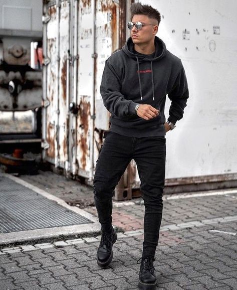 All Black Style, Grunge Wear, Denim Attire, Alex Costa, Hoodie Outfit Men, Sneakers Outfit Men, Leather Jacket Outfit, Black Outfit Men, Mens Casual Outfits Summer