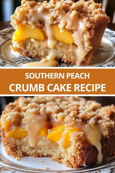 Southern Peach Crumb Cake Recipe Southern Peach Crumb Cake Recipe, Desserts To Make With Peaches, Peach Cobbler Coffee Cake, Brown Butter Peach Crumb Cake, Brown Butter Peach Cake, Easy Peach Cake 3 Ingredients, Fresh Peach Crumb Bars, Fresh Peach Bundt Cake, Peach Crumb Cake Recipe