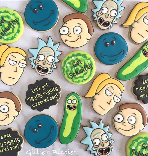 Rick And Morty Cookies Decorated, Rick And Morty Cookies, Rick And Morty Party Decorations, Star Wars Birthday Cake, Cartoon Cookie, Funny Birthday Cakes, Mini Cakes Birthday, Birthday Stuff, Star Wars Birthday