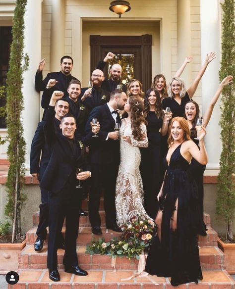 All Black Dress Bridal Party, Black On Black Wedding Party, Wedding Party In All Black, Wedding Guests In All Black, Black Attire Wedding Party, All Black Wedding Attire, Black Bridesmaid Dress Winter, All Black Wedding Party Attire, Wedding Party In Black