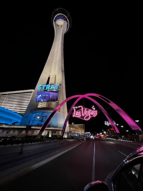 Las Vegas lights on a night drive Strat Las Vegas, The Strat Las Vegas, Art Astethic, Vegas Night, Night Drives, Night Drive, Spotify Covers, Late Night Drives, Night Driving