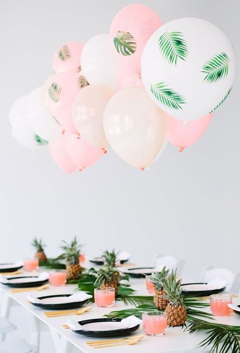 Add some tropical vibes to your baby shower with pineapples and palm leaves. This chic baby shower is filled with beautiful pinks and greens. Click here for more adorable spring baby shower ideas. Tropisk Fest, Spring Baby Shower Themes, Tropical Themed Party, Placeholder Image, Fest Temaer, Rustic Wedding Decorations, Summer Party Themes, Tropical Bridal Showers, Tropical Bridal