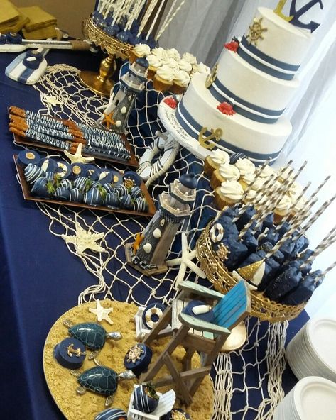 Nautical Theme Dessert Table, Nautical Dessert Table, Nautical Graduation Party, Nautical Themed Bridal Shower Ideas, Beach Dessert Table, Nautical Decor Party, Nautical Desserts, Nautical Birthday Cakes, Nautical Baby Shower Boy