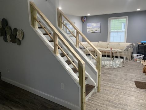 Kitchen Basement, Modern Stair Railing, Pony Wall, Stair Remodel, Basement Stairs, Modern Stairs, Basement Remodel, Reno Ideas, Remodeling Ideas