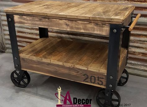 Rustic Island Kitchen, Reclaimed Wood Bedside Table, Rustic Island, Factory Cart, Wood Cart, Reclaimed Wood Beds, Portable Kitchen Island, Industrial Cart, Wooden Cart