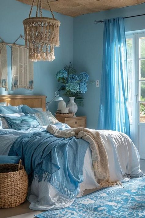 Aquamarine Room Ideas Bedrooms, Blue Boho Bedroom Ideas, Blue Boho Bedroom, Flowing Curtains, Boho Colours, Calm Bedroom, Greek Theme, Coastal Bedroom Decorating, Boho Bedroom Ideas