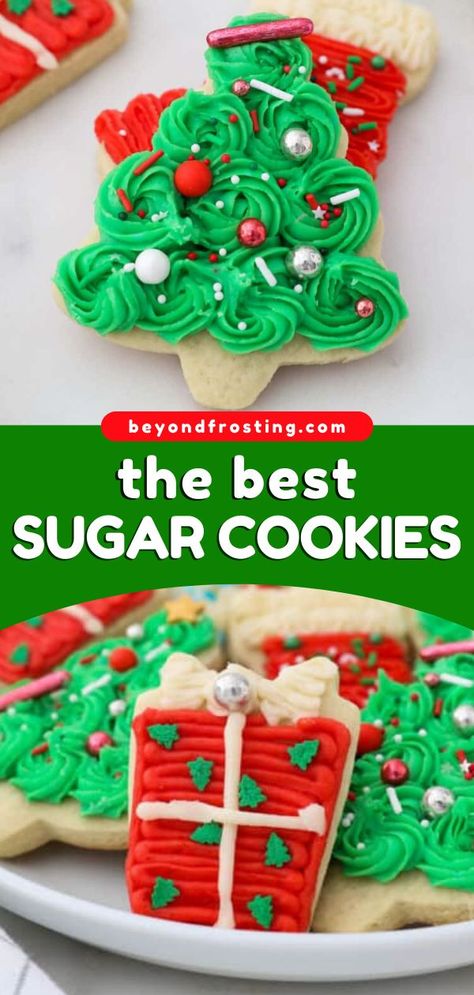 Easy Christmas cookies that are perfect for decorating! This holiday baking recipe will become a tradition in your house. Soft and buttery, these cut-out sugar cookies that don't spread are the BEST. Enjoy this sweet treat today! Traditional Christmas Sugar Cookies, Christmas Sugar Cookie Cutouts, Christmas Sugar Cookies With Buttercream Frosting, Christmas Cookies Recipes Sugar Cookie, Soft Sugar Cookie Recipe Cut Outs, Iced Sugar Cookies Christmas, Christmas Sugar Cookies Decorated Easy, Sugar Cookie Recipe Cut Out, Roll Out Sugar Cookie Recipe