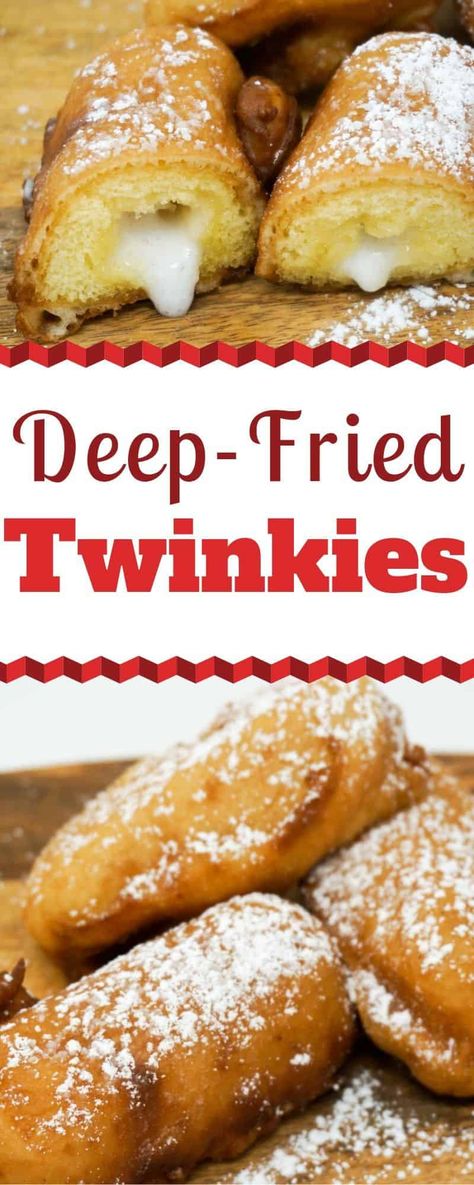 Deep-Fried Twinkies are a crowd favorite at the State Fair and they are a favorite at our house as well. Crispy fried on the outside and gooey on the inside. Sweet! You'll be surprised to see how easy they are to make at home. | Deep Fried Food | Fair Food | State Fair Food | How to Deep Fry Food | Homemade Deep-Fried Twinkies | #DeepFried #Fried #Twinkies #FairFood Carnival Snacks Fair Foods, Deep Fried Fair Food, Carnival Eats Recipes, Deep Fried Snickers, Deep Fried Twinkies, Fried Twinkies, Carnival Eats, Carnival Snacks, Fried Desserts