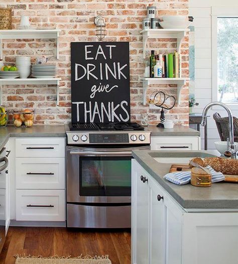 farmhouse kitchen red brick backsplash - Google Search Easy Kitchen Updates, Kitchen Backsplash Inspiration, Brick Backsplash, Kitchen Backsplash Designs, Backsplash Designs, Brick Walls, Kitchen Photos, Metroid, Updated Kitchen