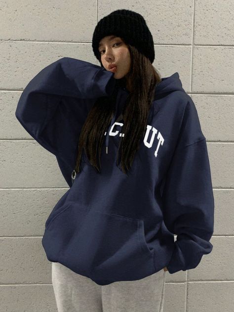 Letter Graphic Drop Shoulder Oversized Drawstring Hoodie Navy Blue Casual  Long Sleeve Fabric Letter Pullovers Medium Stretch  Women Clothing, size features are:Bust: ,Length: ,Sleeve Length: Blue Hoodie Outfit, Gray Sweatshirt Outfit, Gray Hoodie Outfit, Oversized Hoodie Outfit, Long Sleeve Shirt Outfits, Navy Blue Hoodie, Hijab Fashionista, Pull Oversize, Blue Long Sleeve Shirt