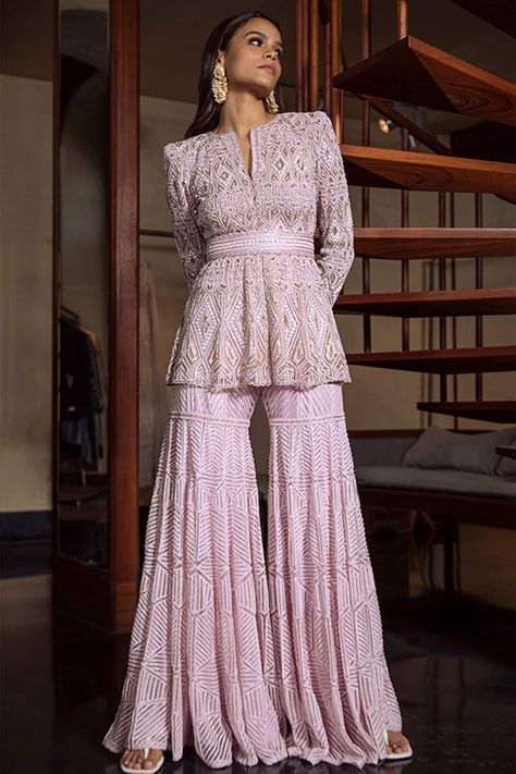 Buy Ritika Mirchandani Purple Net Georgette Kurta And Sharara Set Online | Aza Fashions Ritika Mirchandani, Indowestern Outfits, Kurta And Sharara Set, Kurta And Sharara, Kurta Sets For Women, Georgette Kurta, Sharara Designs, Net Embroidery, Designer Kurta