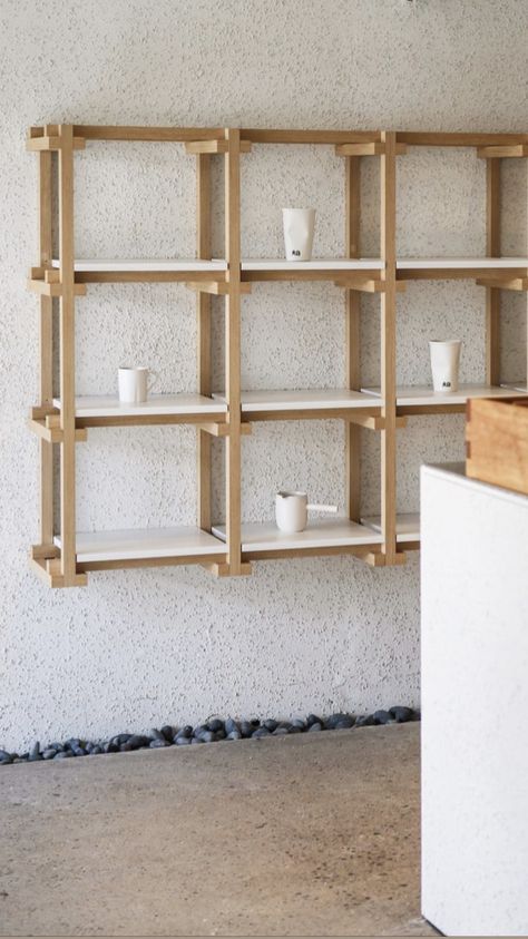 Pottery Shop Interior, Japanese Shelving, Mini Cafeteria, Plywood Shelving, Desk Interior, Plywood Shelves, Shelving Design, Architecture Design Drawing, Wooden Wardrobe