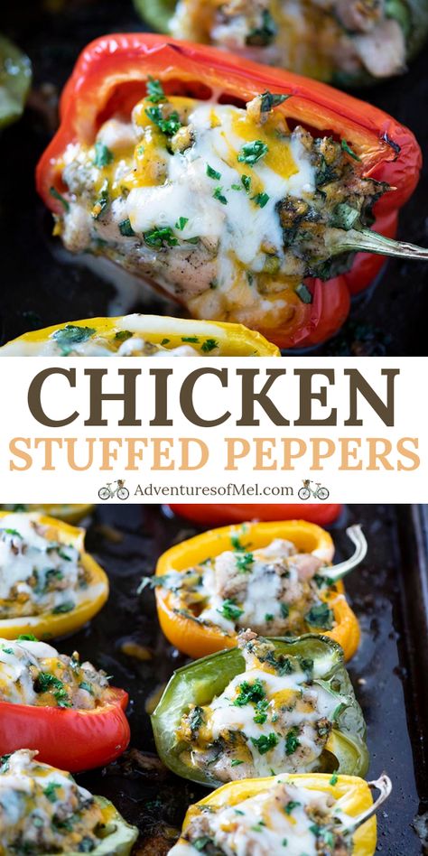 Healthy, low carb chicken stuffed bell peppers with spinach and cheese, baked in the oven. Easy delicious recipe (with video), perfect for a weeknight meal! #adventuresofmel #chickenrecipes #dinnertime Stuffed Green Peppers With Chicken, Keto Stuffed Bell Peppers Chicken, Chicken Stuffed Bell Peppers, Dinner Bakes, Stuffed Bell Peppers Chicken, Recipe Pictures, Appetizer Sandwiches, Low Carb Meal Prep, Healthy Low Carb