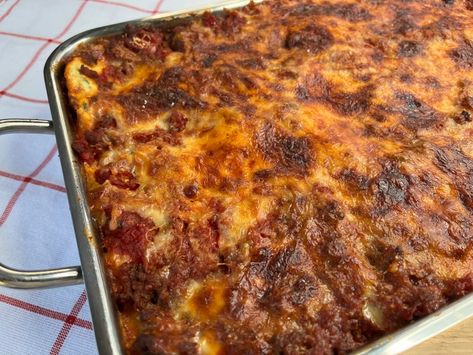 Deep Dish Lasagna - Dina's Diner Marinara Meat Sauce, Ricotta Pasta, No Noodle Lasagna, Meat Sauce, Cheese Sandwiches, Deep Dish, Ricotta Cheese, Chopped Onions, Marinara