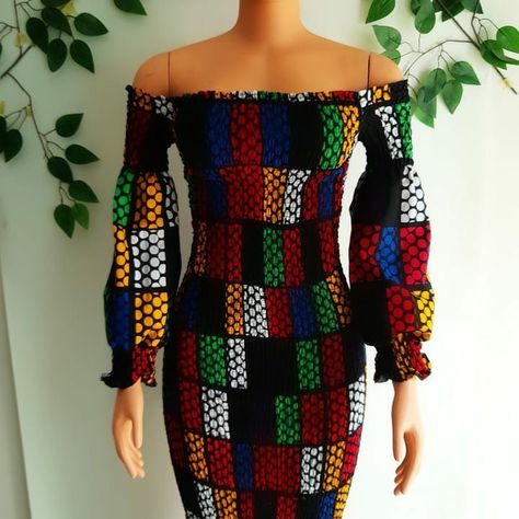 Ankara smoked dress with puff sleeves Puffy Hands Ankara Dress, Puff Sleeve Ankara Dress, Ankara Puffy Sleeves Dress, King Dress, Puff Sleeve, Off Shoulder Dress, Shoulder Dress, Off Shoulder, Dresses With Sleeves