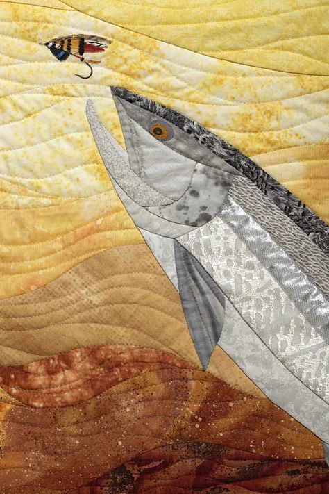 Rising to a Fly detail Fish Quilts, Fishing Quilt, Fish Quilt Pattern, Fish Collage, Boat Quilt, Wildlife Quilts, Nautical Quilt, Custom Quilting, Fish Quilt