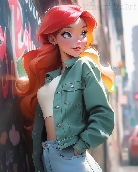 Modern Ariel, wearing jeans, Disney Princess Ariel Fanart Modern, Disney Princess Art Modern, Ariel Fan Art, Ariel Modern, Modern Ariel, Modern Disney Princess, Cute Pictures To Draw, Disney Minimalist, Disney Princess Anime